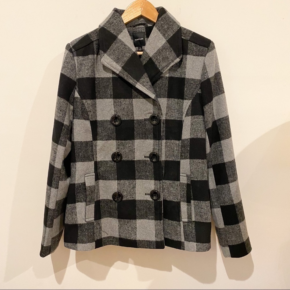 Rampage Womenโs Double-Brewster Pea Coat. Gray Black. Large